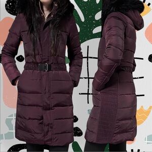 Express | Purple Longline Puffer Coat with Belt and Black Faux Fur Trim Hood